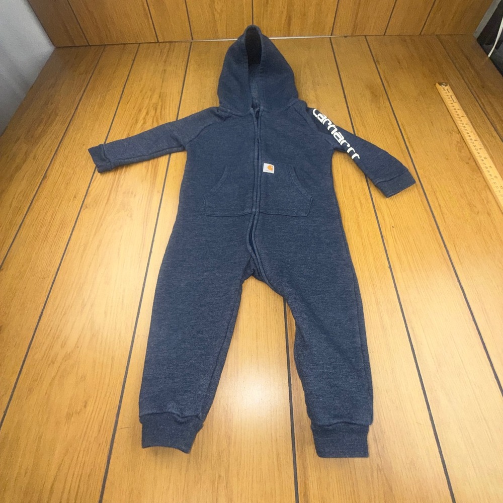 Carhartt Baby Boys Navy Blue Fleece Hooded Full Zip Coverall Jumpsuit 18M